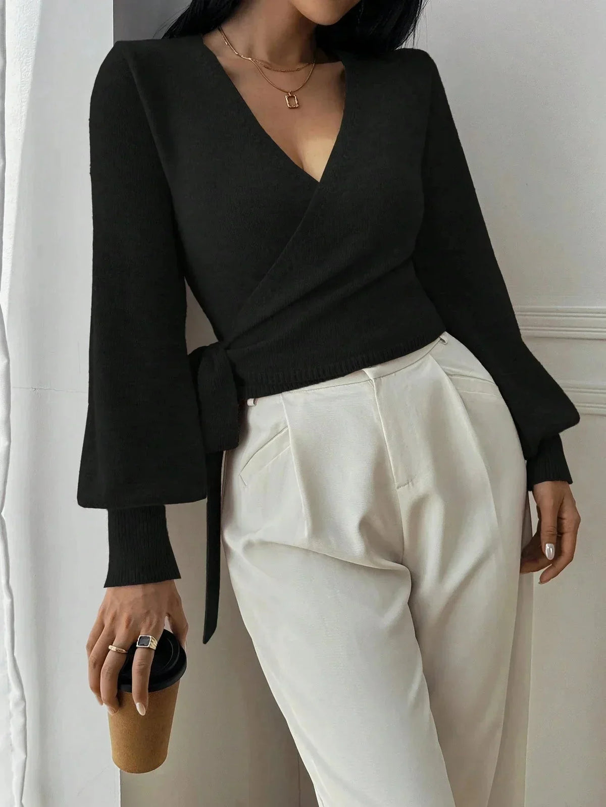 Korte Overslagtrui Dames – Cropped Sweater Met Pofmouwen