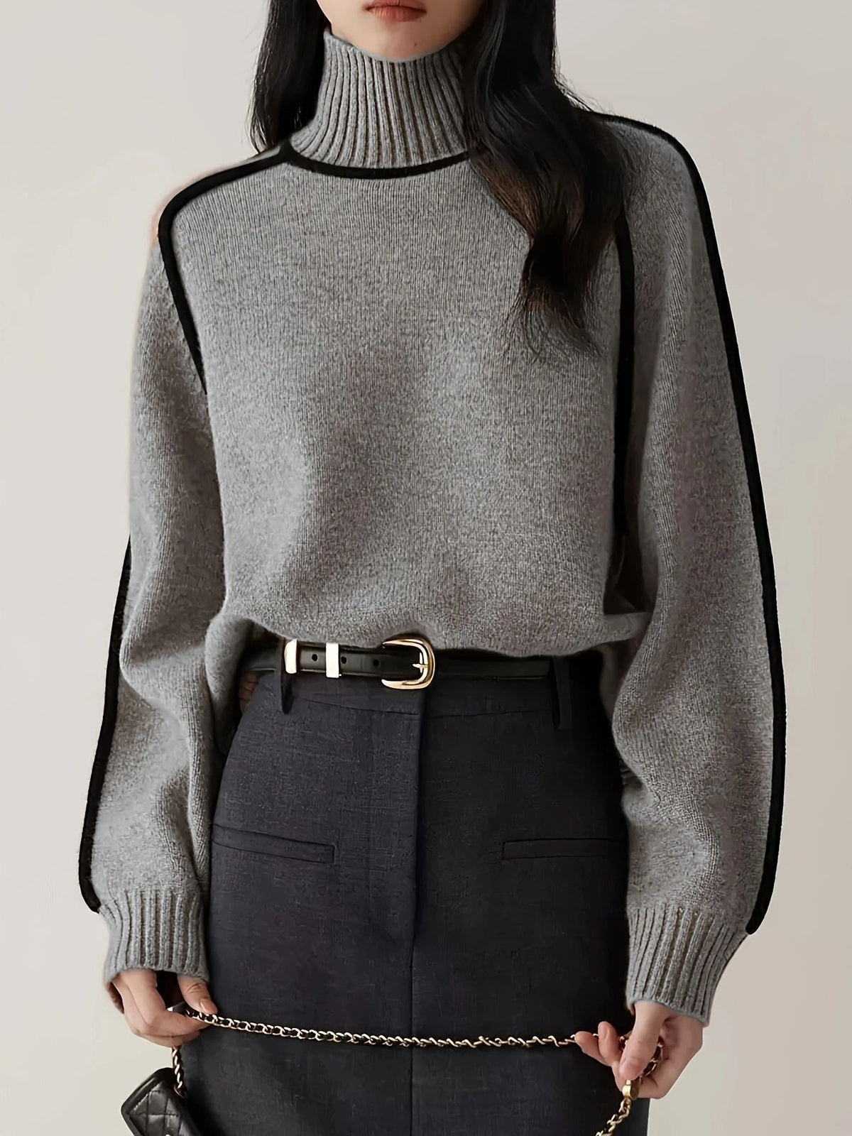 Gebreide Dames Coltrui Met Contrastdetails En Lange Mouwen