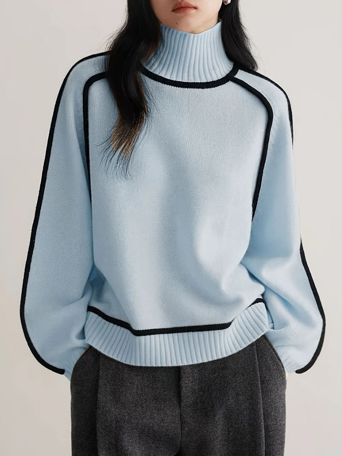 Gebreide Dames Coltrui Met Contrastdetails En Lange Mouwen